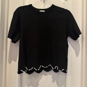 H&M Black Pearl-Trim Scallop Hem Knit Top – Size Small